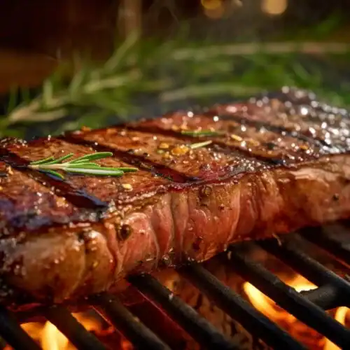 A perfectly grilled filet mignon with grill marks, topped with a sprig of fresh rosemary, sizzling over an open flame.