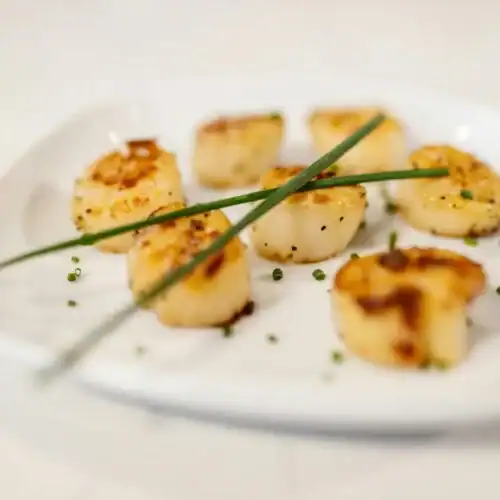 Golden brown seared scallops garnished with fresh chives on a white plate.
