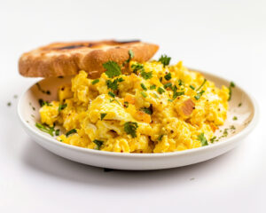 a plate of scrambled eggs and bread with bread in a white plate