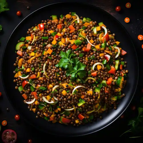 A vibrant warm lentil salad with roasted root vegetables, fresh parsley garnish, and garlic-tahini dressing served in a black bowl.