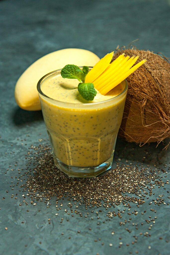 Chia garnished with golden colored mango 