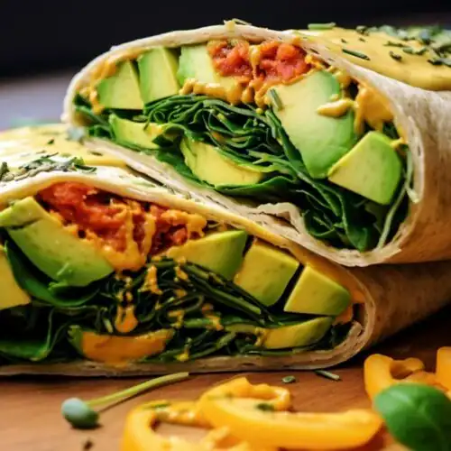 A vibrant wrap filled with fresh spinach, sliced avocado, roasted chickpeas, and a drizzle of creamy sauce, sliced in half and placed on a wooden surface.