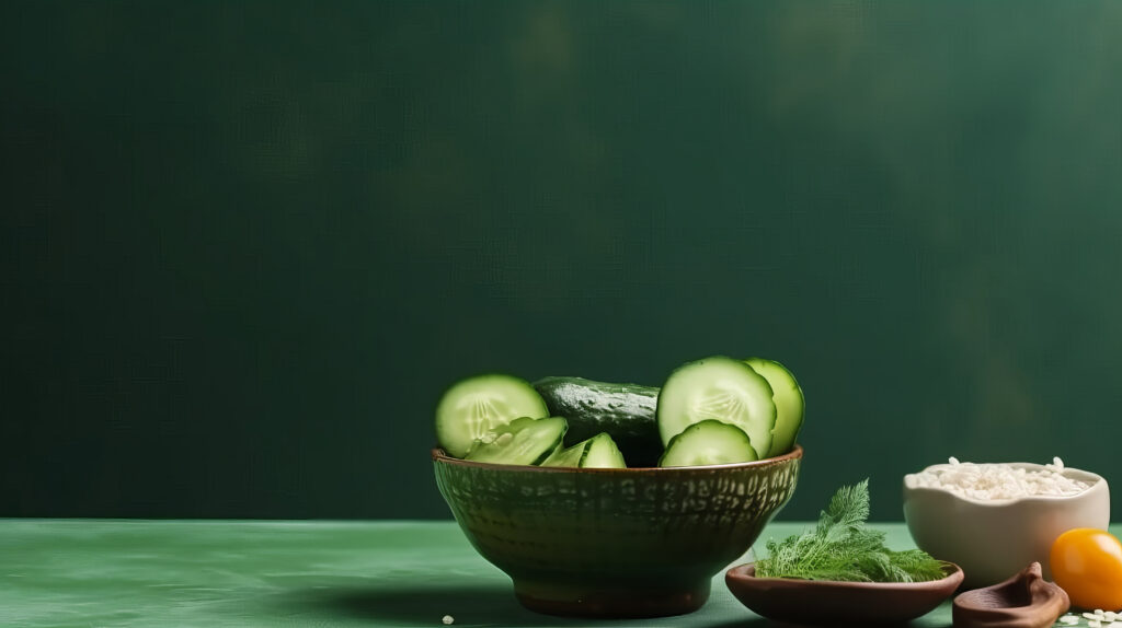 A Cut Cucumber in A bowl with Herbs and A Green Background