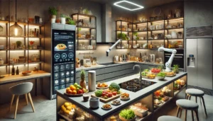 Modern smart kitchen concept with sleek shelves, AI-powered touchscreens, robotic arms, and fresh produce on a central island.