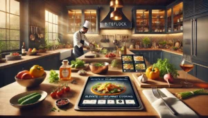 A professional chef preparing gourmet dishes in a luxurious, high-end kitchen, with fresh ingredients and a tablet displaying Biteflock’s recipe interface on the counter for an elevated culinary skills journey