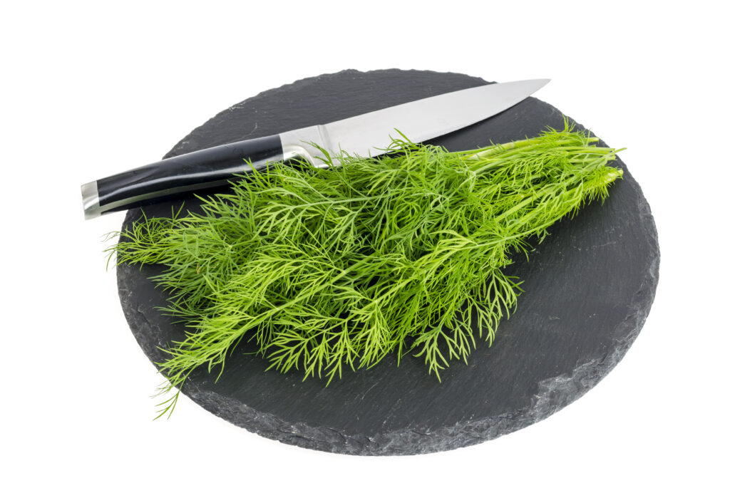 A Bunch of Green Dill on a black Block with a Knife