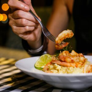 Farro With Shrimp Garnished With Lemon And Herb