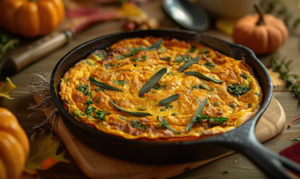 Frittatta in a Black Pan Garnished With Dill And Other Herbs