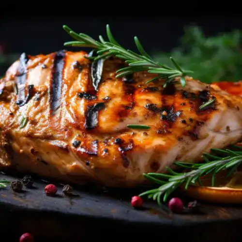 A perfectly grilled, juicy chicken breast with char marks, garnished with fresh rosemary and surrounded by whole peppercorns.