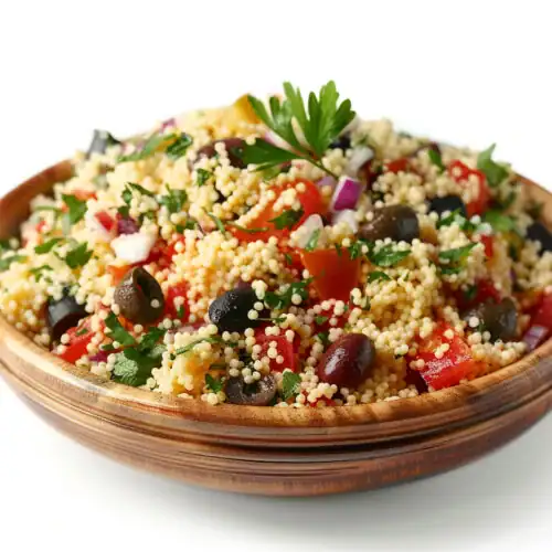 A wooden bowl filled with Mediterranean couscous salad, featuring black and green olives, diced red peppers, parsley, and red onion, creating a colorful and fresh dish.