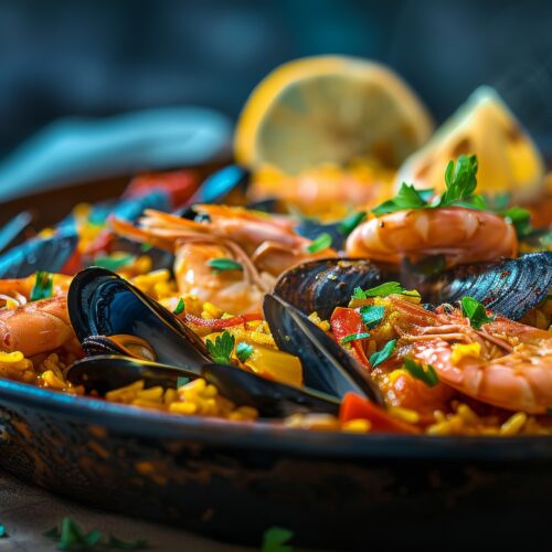 Paella With Seafood in a Black pan Garnished With lemon and Herbs