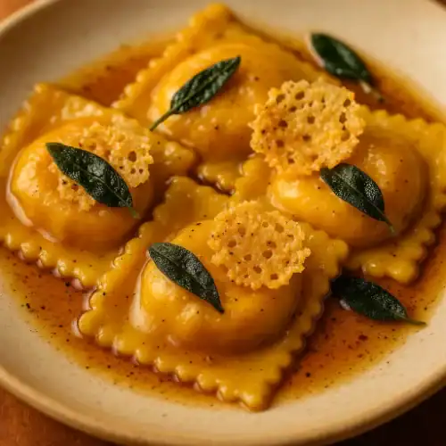Pumpkin ravioli in sage brown butter topped with crispy sage leaves and a parmesan crisp on a warm ceramic plate.