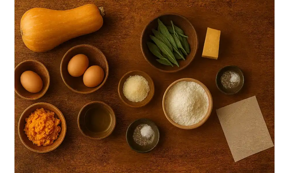 Fresh ingredients for pumpkin ravioli with sage brown butter — including eggs, parmesan, sage leaves, pumpkin purée, flour, and butternut squash on a rustic wooden table.