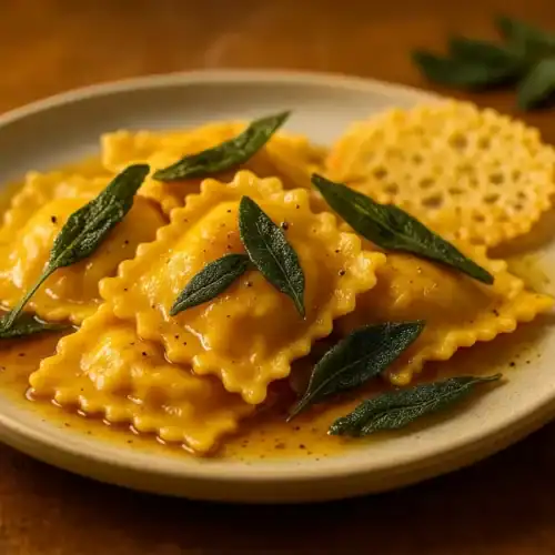 Golden pumpkin ravioli topped with crispy sage leaves and parmesan crisps, served on a rustic ceramic plate with warm brown butter sauce.