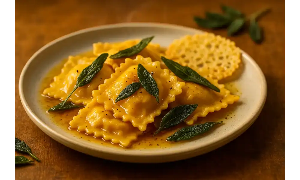 Golden pumpkin ravioli topped with crispy sage leaves and parmesan crisps, served on a rustic ceramic plate with warm brown butter sauce.