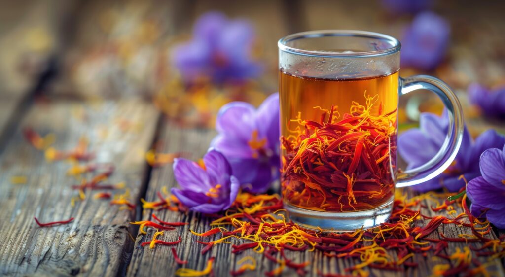 Saffron Blooming in a Cup of Water with Saffron flowers