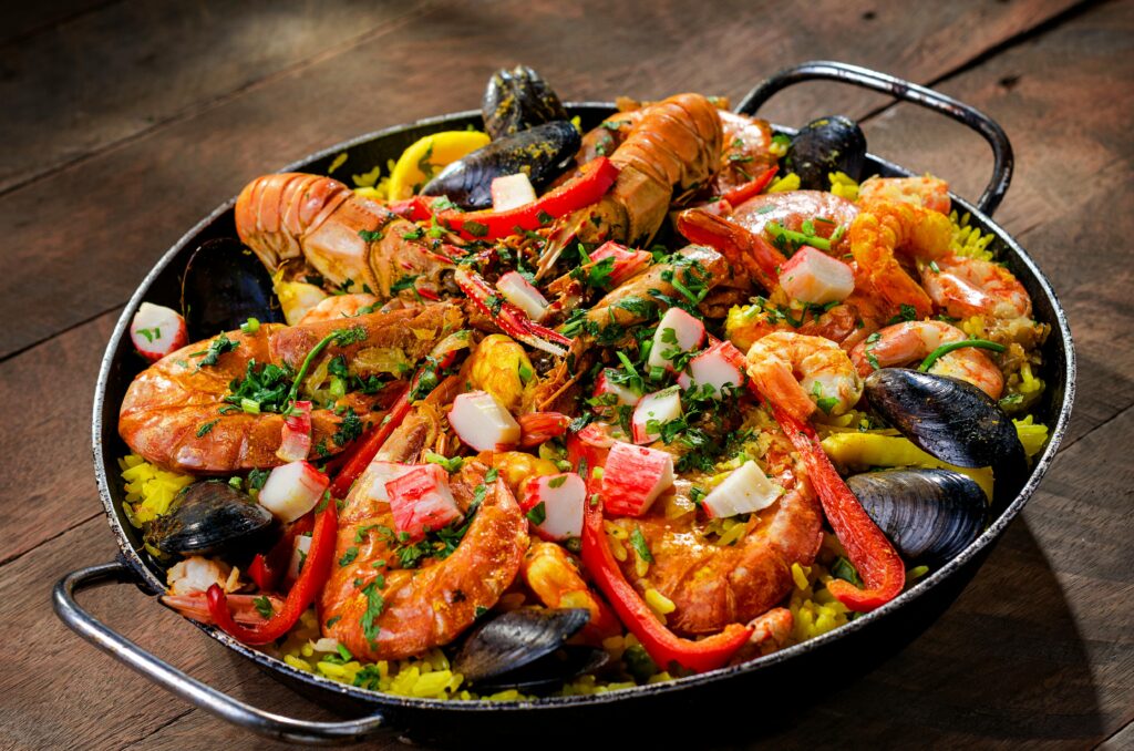 A pan of Seafood Paella