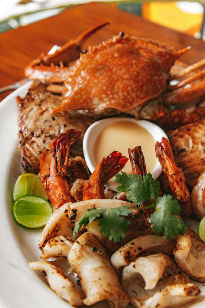 A pile of Seafood in A White Plate