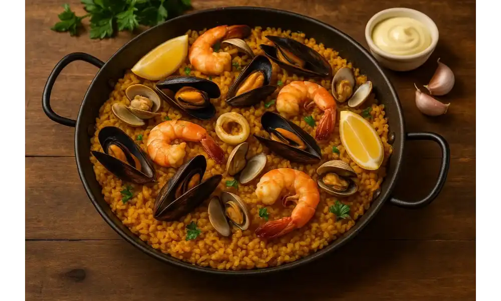 A traditional Spanish seafood paella in a black pan with saffron rice, shrimp, mussels, clams, and lemon wedges, served with a small bowl of garlic aioli on a wooden table.