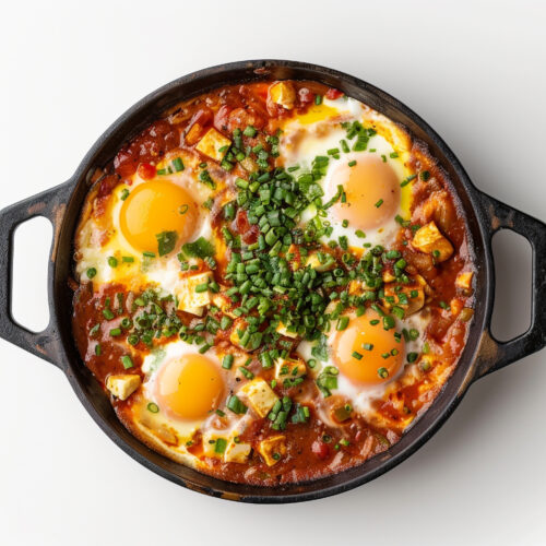 Shakchuka with Feta Harnished With Herbs in a Blak Pan