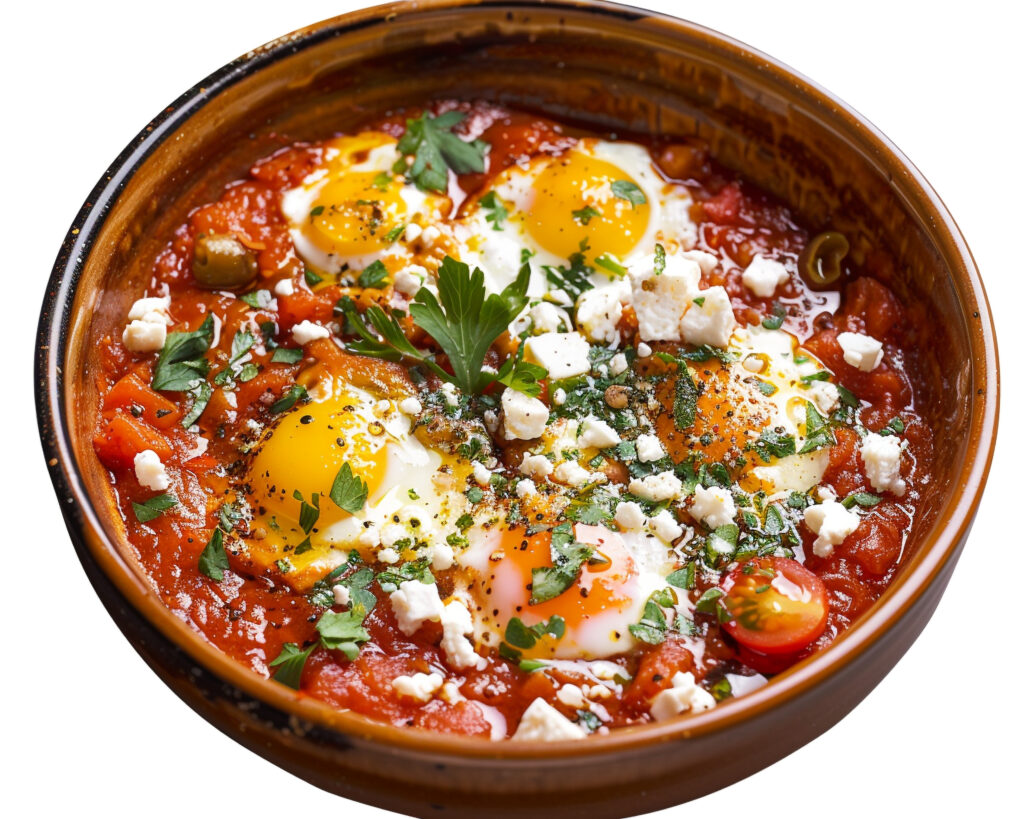 Shuckshuka with feta cheese in a Bowl 