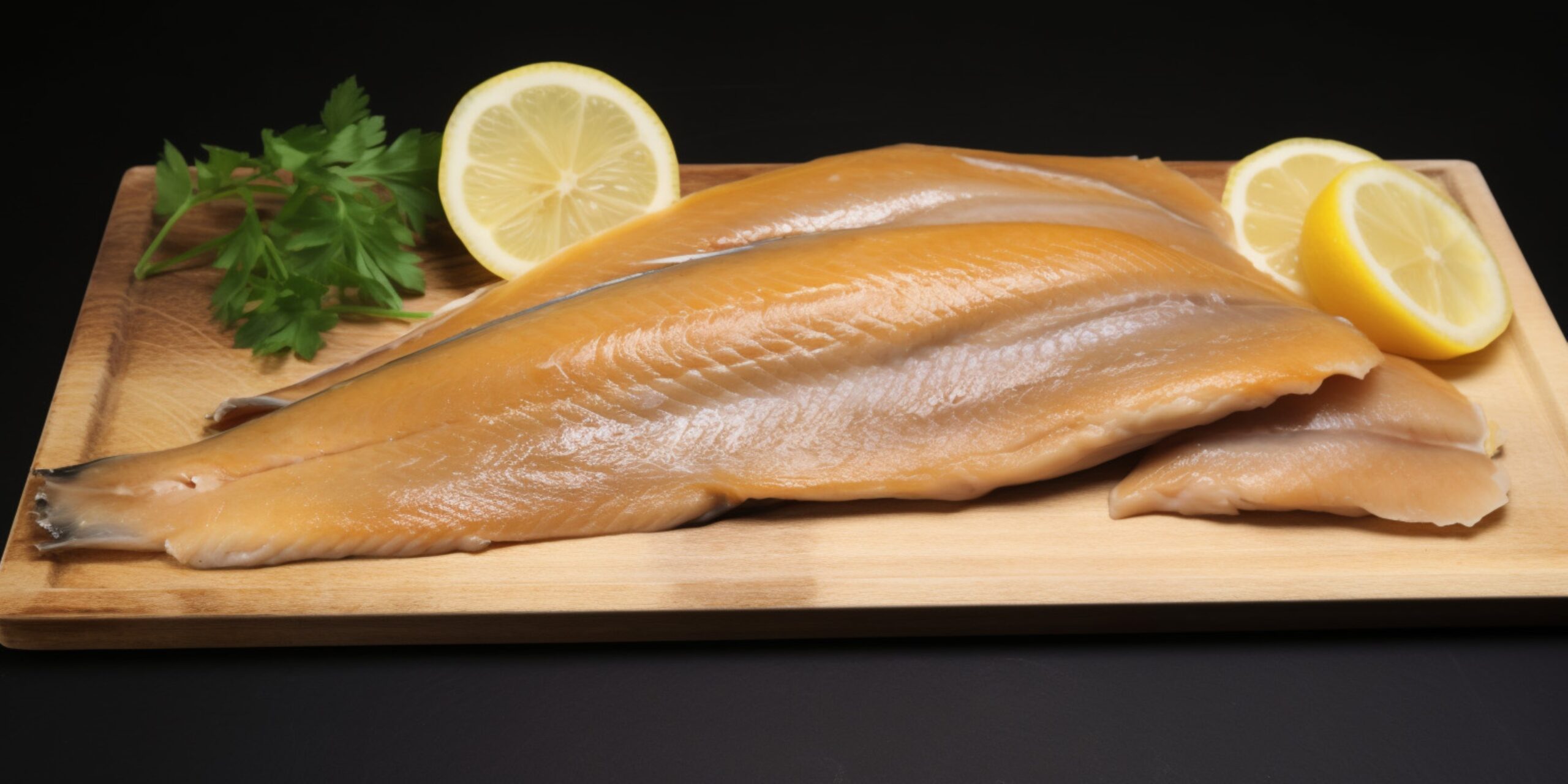 Smoked Trout With lemon and Herb Garnish on a Wooden Plate