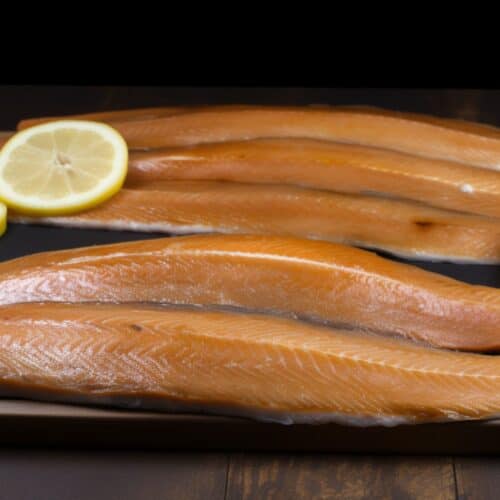 Freshly smoked trout fillets displayed on a dark wooden board, accompanied by slices of fresh lemon.