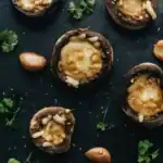 Baked Portobello mushrooms filled with goat cheese and garnished with fresh parsley and roasted garlic cloves, arranged on a black slate surface.