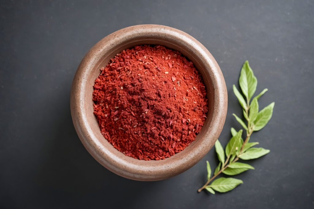 Sumac in Bowl with Green leaves 