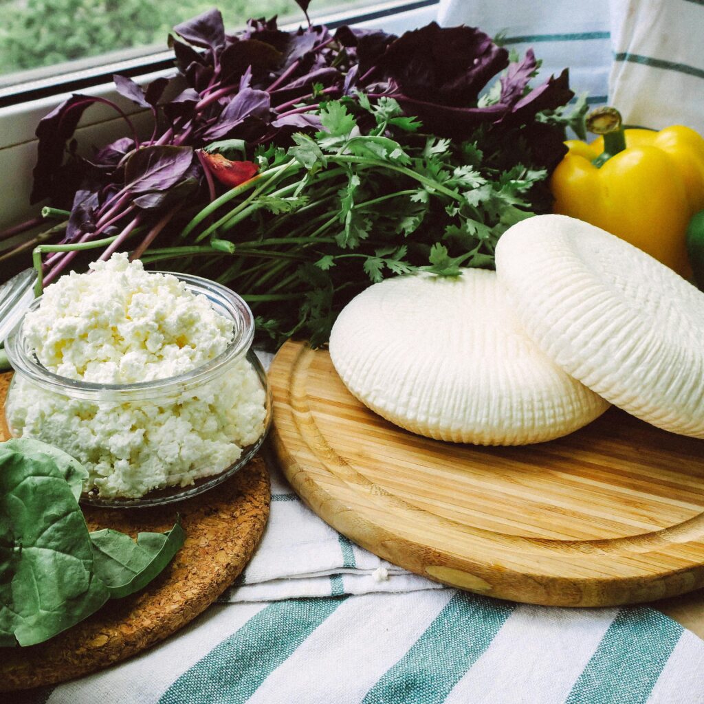 Two Blocks of Cheese, Cheese in a Bowl, Spinach and herbs