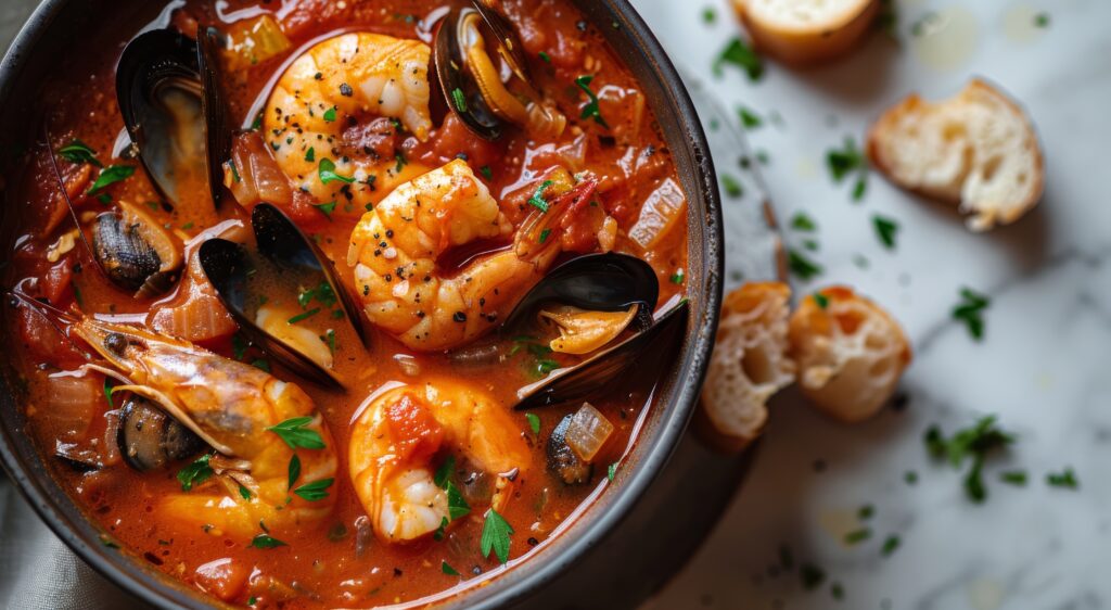 Classic Cioppino : A pot filled with vibrant shrimp and tomato soup, 