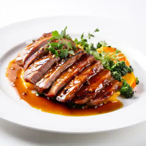 Sliced crispy duck breast drizzled with a glossy orange glaze, served on a white plate with broccoli and orange slices.