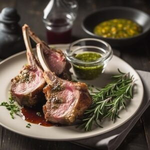 Fresh Rack of Lamb Garnished with Herbs in a white Plate