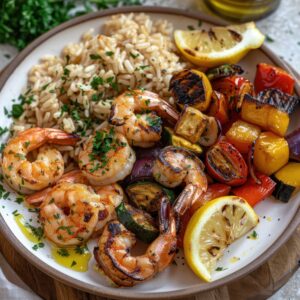 Grilled Shrimp with Roasted Vegetables and Farro-Brown Rice in a Plate