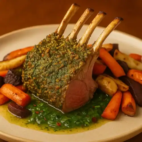 Herb-crusted rack of lamb served with mint chimichurri and roasted root vegetables on a ceramic plate
