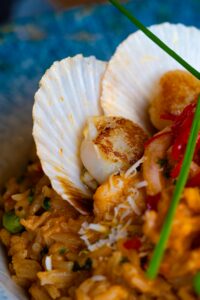 Pan-seared scallops with Saffron Risotto and Lemon Butter