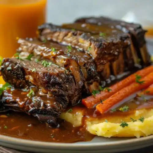 Slow-braised short ribs served over creamy mashed potatoes with roasted carrots and rich gravy, garnished with fresh parsley.