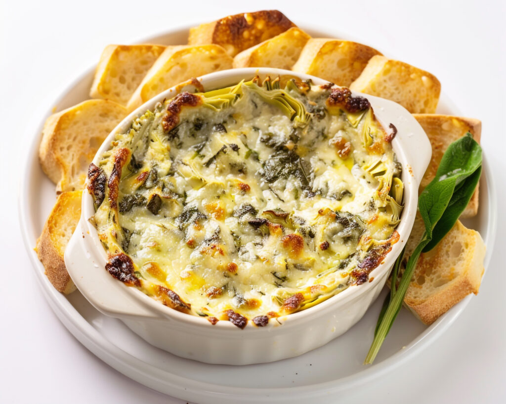 spinach artichoke dip with garlic bread in a White bowl