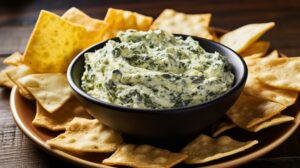 spinach artichoke dip served on a plate