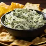 A creamy spinach artichoke dip served in a black bowl, surrounded by crispy crackers and chips on a wooden plate.