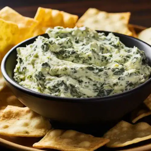 A creamy spinach artichoke dip served in a black bowl, surrounded by crispy crackers and chips on a wooden plate.