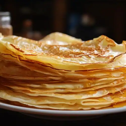 A stack of thin, golden crepes drizzled with honey, neatly arranged on a white plate, ready to be served.