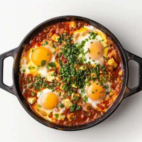 A cast-iron skillet filled with shakshuka, topped with poached eggs, feta cheese, and fresh herbs.