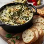 A black casserole dish filled with creamy spinach and artichoke mac and cheese, topped with melted cheese and garnished with fresh thyme, served with sliced baguette on a wooden board.