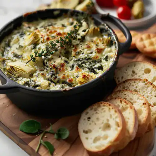 A black casserole dish filled with creamy spinach and artichoke mac and cheese, topped with melted cheese and garnished with fresh thyme, served with sliced baguette on a wooden board.