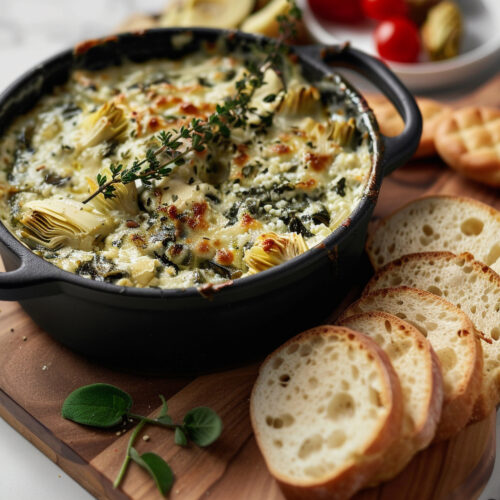 a pan of spinach and cheese on a cutting board