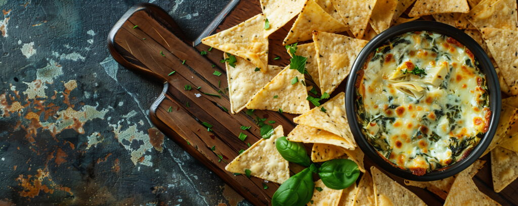 Cheesy spinach and artichoke dip served with tortilla chips for dipping.