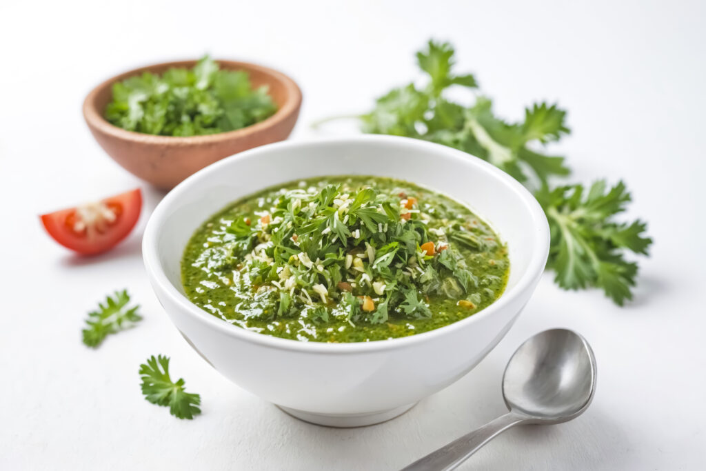 Green Chimichurri sauce in a white bowl