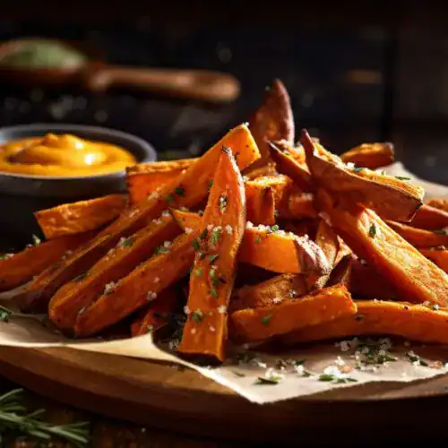 A pile of golden, crispy air-fried sweet potato fries sprinkled with fresh herbs and sea salt, served on parchment paper with a small bowl of dipping sauce in the background.