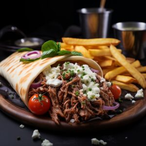 Lamb Gyro Wraps and french fries in a plate